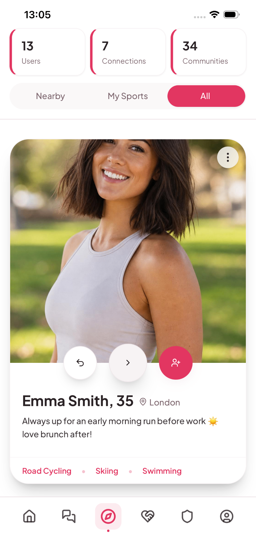 Covey profile discovery screen showing a verified woman's sport profile